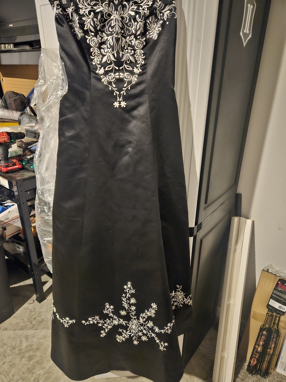 Black Strapless Prom Gown with White Floral Embroidery